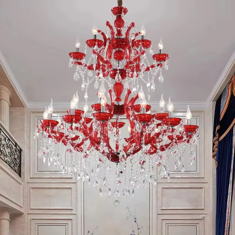 

European Red Crystal Chandelier Hotel Lobby Colorful Candle Pendant Lamps Banquet Hall Villa Duplex Decoration Project Lighting