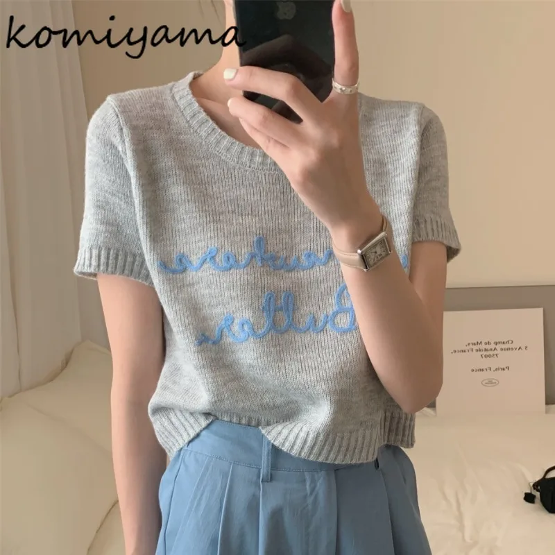 Embroidery Letter Ropa Mujer Hit Color Women Tops Round Neck T Shirt Short Sleeve Camisetas Office Lady All Match Clothes