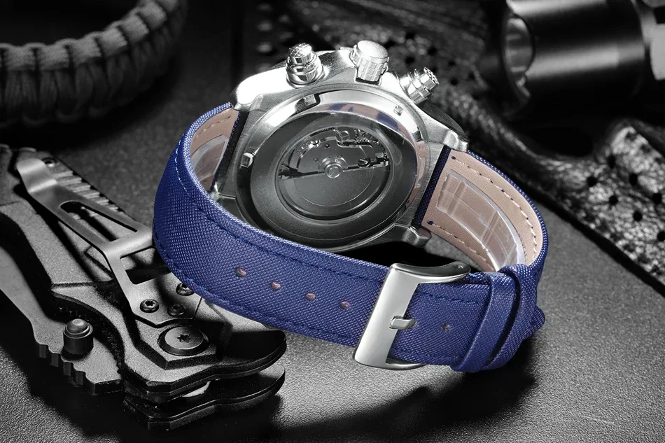 Automatic Watch for Men Mechanical Canvas Genuine Blue Leather Strap Multifunction Date Month Luminous Reloj Hombre Baratos