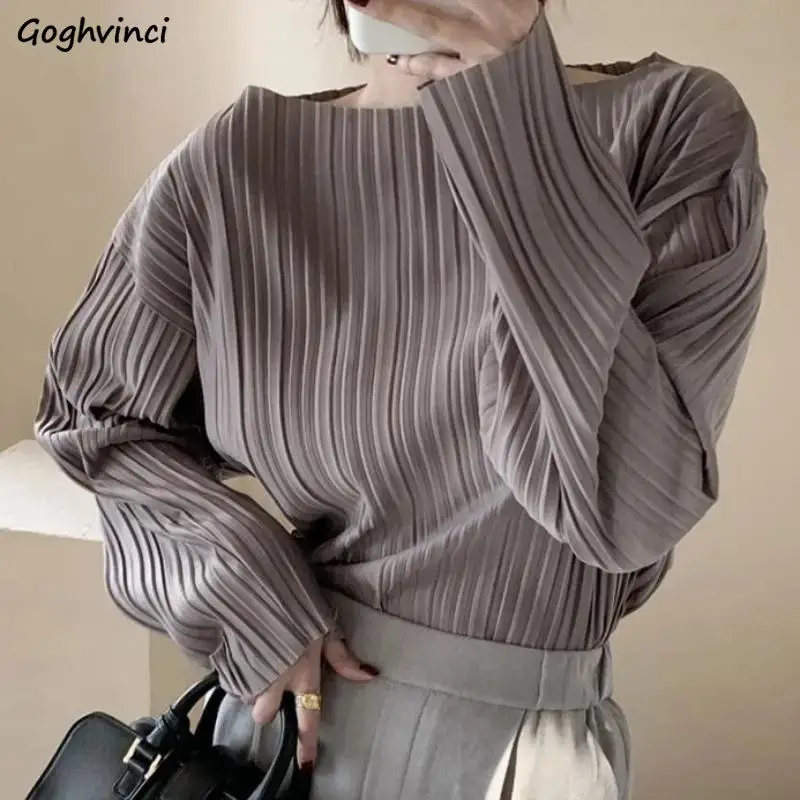 Vintage Folds Blouses Women Pure Color Simple Chic Long-sleeved Tops Trendy Classy Ulzzang Street All-match Spring Autumn Mujer