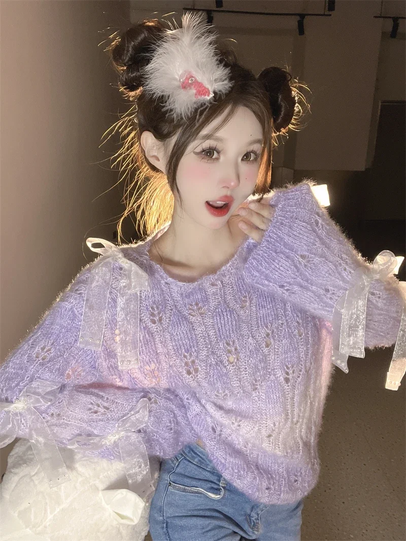Sweet Autumn 2024 New Soft Hollow Loose Top Bow Purple Sweater for Women Sueter Mujer Knitwear Y2k Clothes Pink