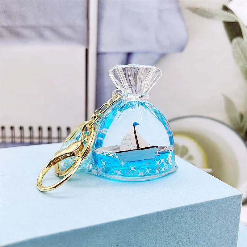 Ocean Whale Sailboat Floating Bottle Keychain Children\'s School Bag Hanging Decoration Car Circle Couple Hanging Accessories