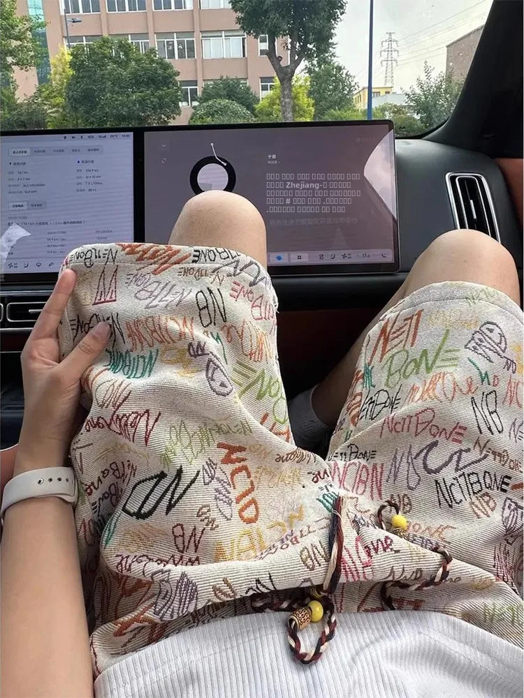 

American Retro fiti Letter Knitted orts Men Summer Trendy High Street Embroidered Loose Five-Point Casual Sports Pants