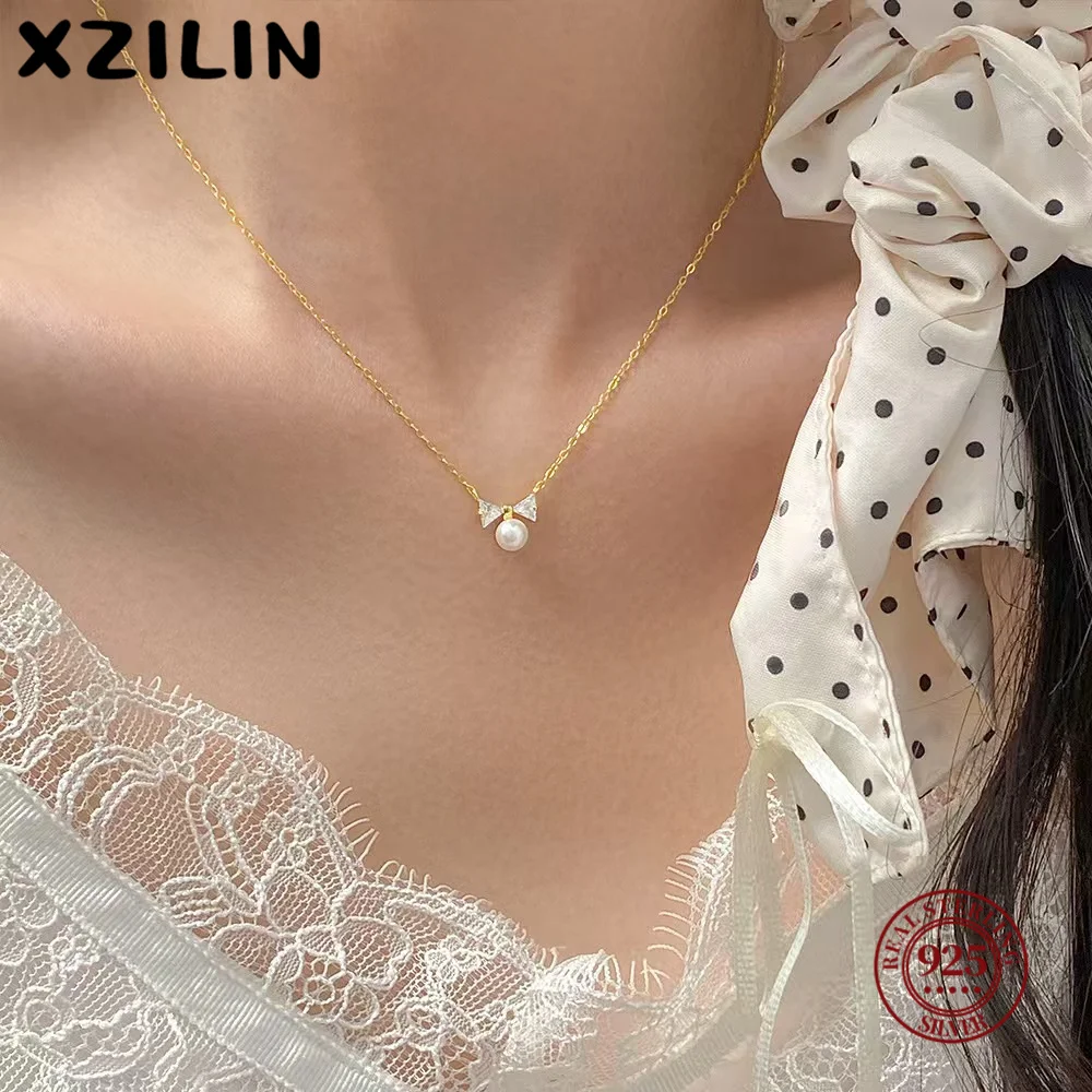 

XZiLin стерлингового серебра 925 пробы, корейский простой кулон с бантом, цепочка на ключицу, ожерелье, женское легкое роскошное темпераментное вечерние украшения