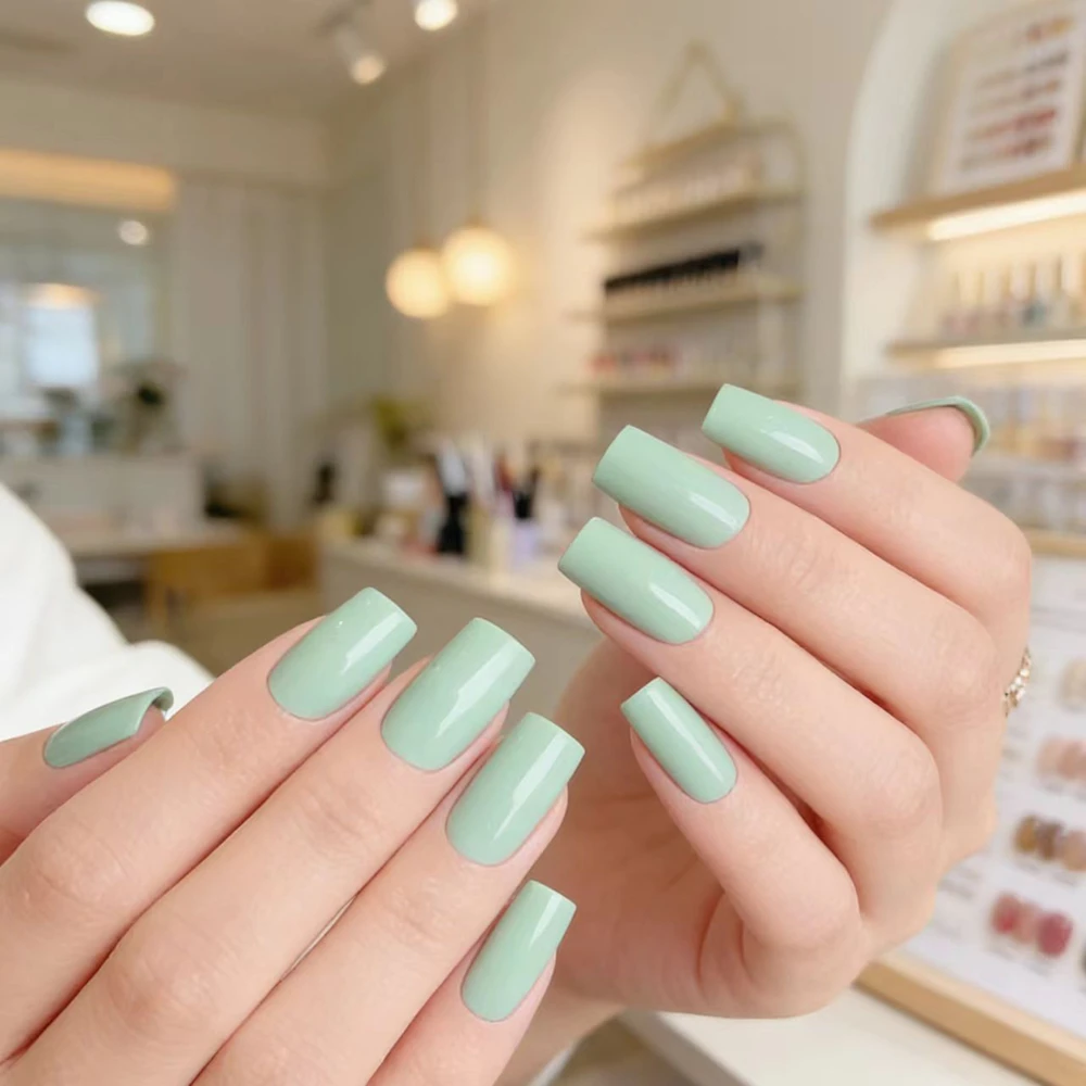 40Pcs Macaroon Green Long Fake Nails With Glue Press On Acrylic False Nails DIY Full Cover Finger Tips Manicure Tool