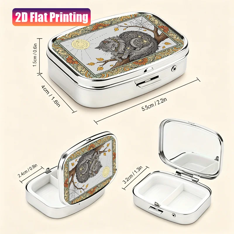 Gray-Blue Long-Haired Cat Lying on a Branch, Autumn Leaves in Warm Tones, Vintage Healing Cat Pattern, Pocket-Sized Pill Box, Earring and Jewelry Storage Box with Compartment Design, Convenient, Easy to Carry Pills on Travel Trips, Capsule Box Is Exquisite, Can Be Used as a Gift