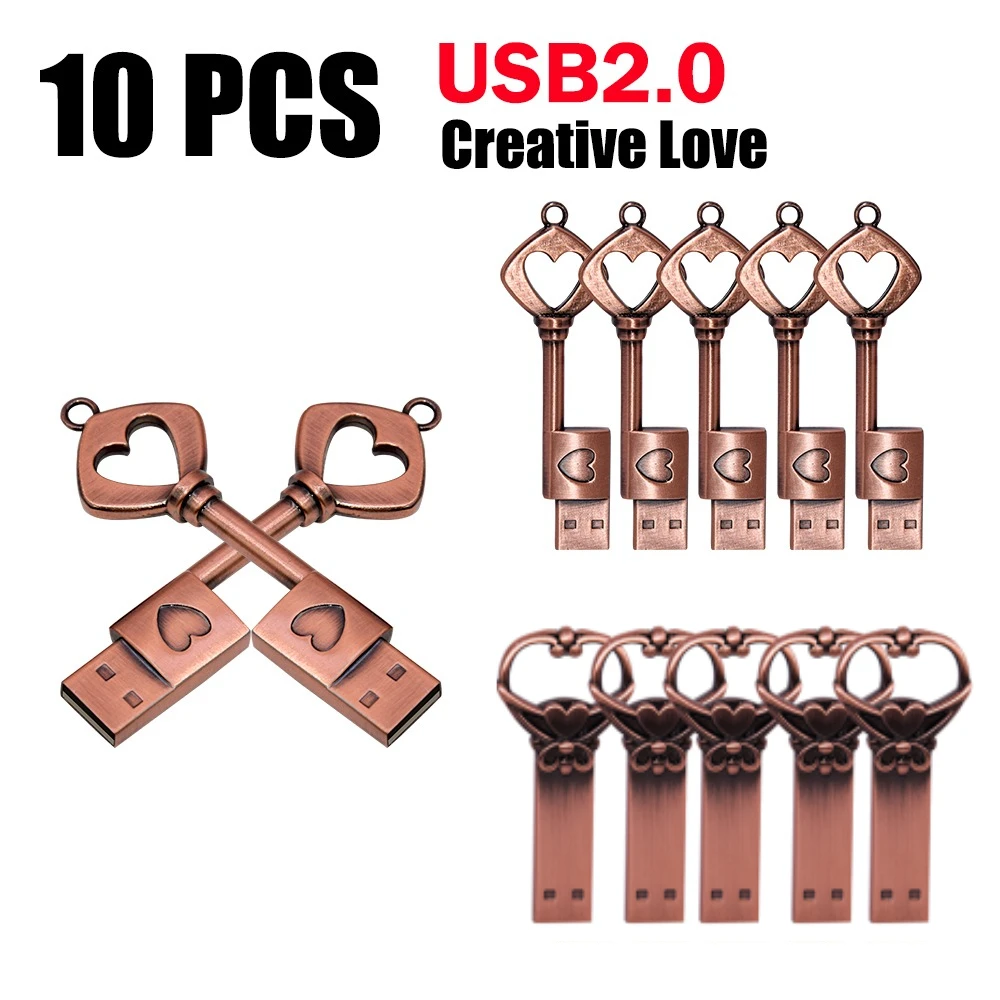 

10 шт./лот, медный ключ в форме сердца, USB 2,0, флэш-накопитель, 4 ГБ, 8 ГБ, 16 ГБ, 32 ГБ, 64 ГБ, металлические ключи, карта памяти, свадебный подарок