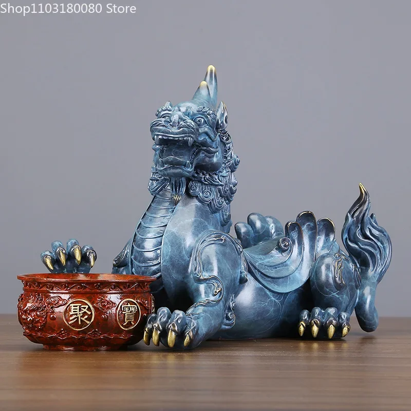 1set(3pcs) 30cm/34cmCopper kylin Standing lying Pixiu Treasure bowl Statue Home Decor Fengshui sculpture Lucky gift