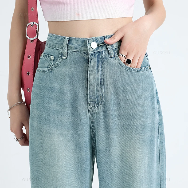 OUSSYU Summer Soft Lyocell Fabric Woman Jeans Thin Loose Straight High Waisted Pant Fashion Comfort Retro Blue Casual Trousers