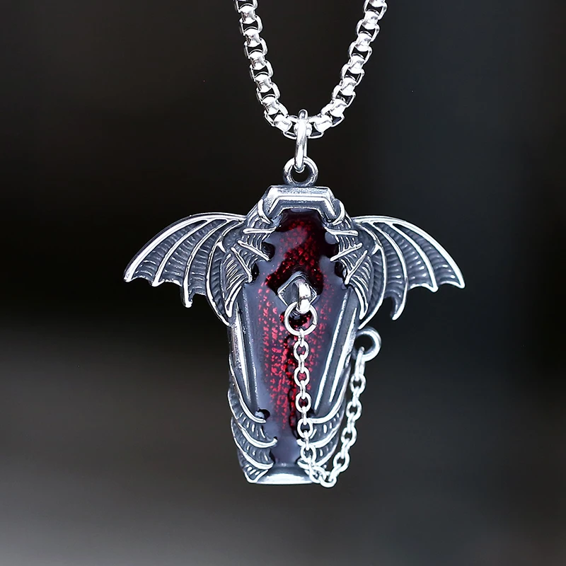 Gothic 316L Stainless Steel Coffin With Bat Pendant Necklace For Teens Punk Biker Darkly Jewelry Couple Gift Freeshipping