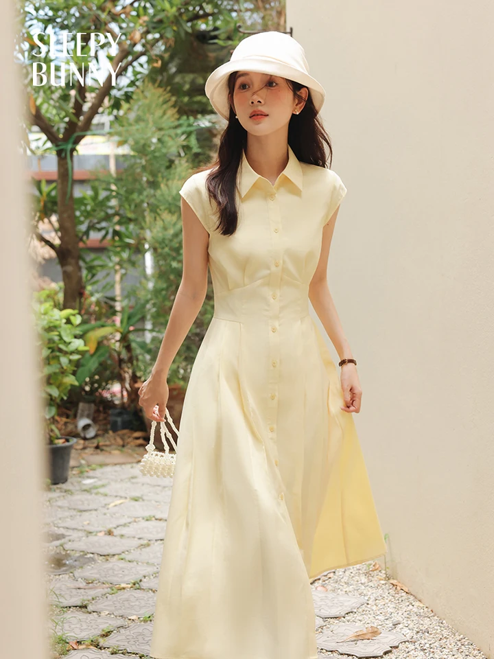 Yellow Cap Sleeve Shirt Dress Women Summer French Style Slim Fit A