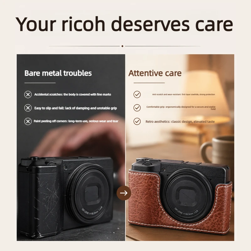 Ricoh GR4GRIII Camera Retro Leather Half bag Protective Case With Lychee Pattern Base Camera Storage box