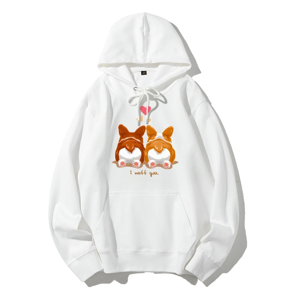 Corgis com corações estampados Y2k moletom com capuz gráfico fofo romântico e inspirado em canino estilo Kpop tecido macio para aparência casual com tema de animais de estimação