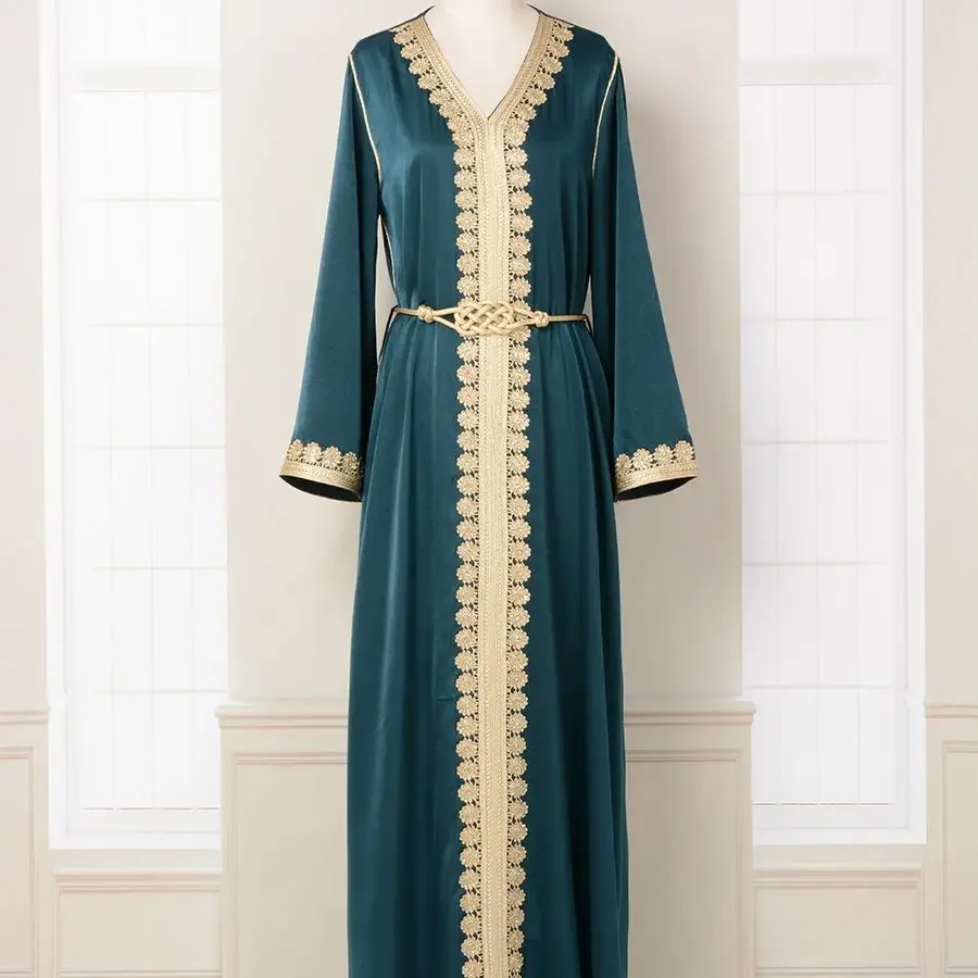 Gouden Borduren Vrouwen MuslimSimple Lange Jurk Lange Mouw Maxi Jurk Vrouwelijke Casual Arabië Gewaden V-hals Jurk voor Vrouwen