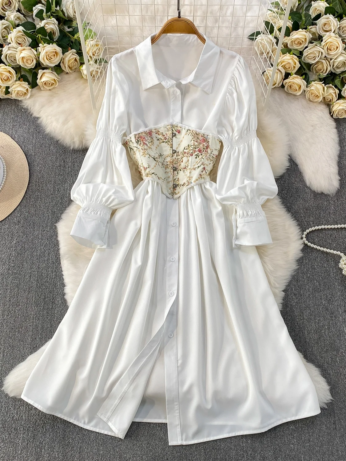 

Faionable Commute Loose Collar Lantern Sve Dr Waist Cinch Long Dr with Embroidery Belt Slimming Vest A-Line Skirt