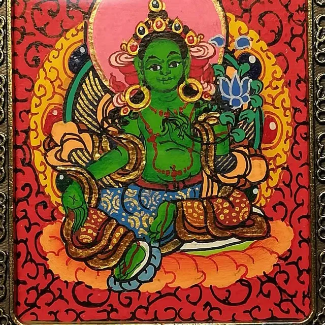 Tibetan Old Buddha Plague Bronze Body Gilded Silver Inlaid with Hand Painted Green Tara Guanyin Tangka Pendant Square Hanging Ta