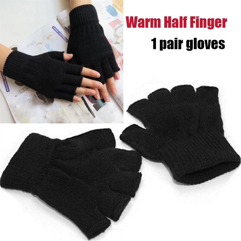 

1Pair Unisex Black Half Finger Fingerless Gloves For Women And Men Wool Knit Wrist Cotton Winter Warm Work Mittens New