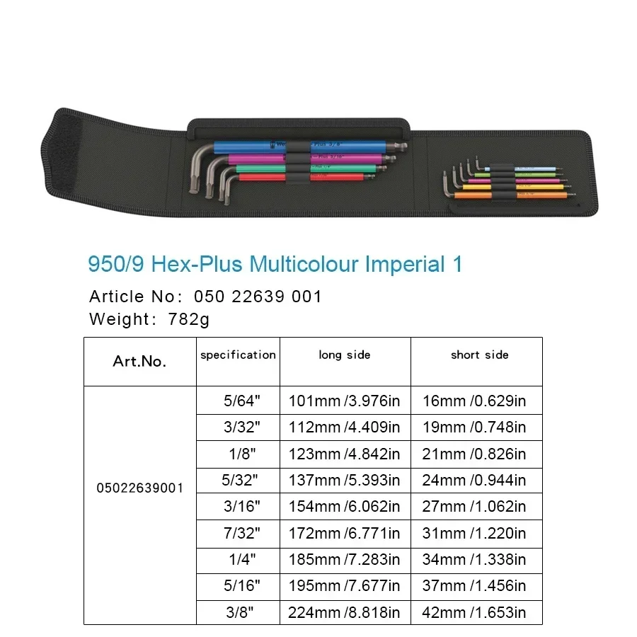 Genuine Wera NO.05022639001 9 Pieces 950/9 Hex-Plus Multicolour Imperial L-key Set for Hexagonal Socket Screws Hex WrenchBuildin