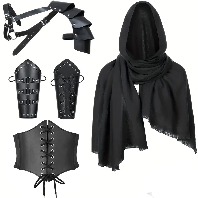 5pcs/sets Medieval Knight Renaissance Accessories Set - Fashionable PU Leather Corset Belt Soft Shawl Cape Half Shoulder Scarf