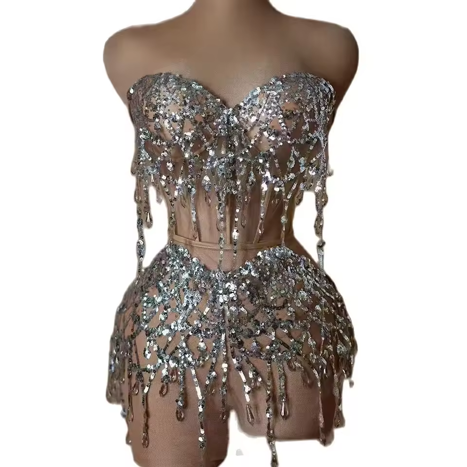 Sparkly Silver Sequins Crystals Short Summer Dress Sexy Stage Transparent Women Evening Birthday Party Dress Singer Show Wear - AliExpress 200000532