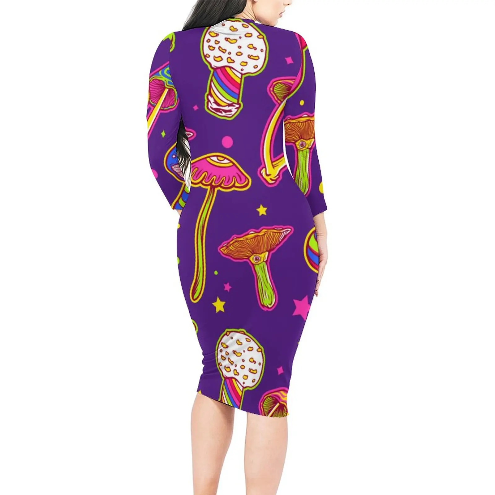 Magic Mushroom Bodycon Dress Spring Colorful Plants Print Cute Dresses Ladies Long Sleeve Graphic Fashion Dress Big Size 4XL 5XL