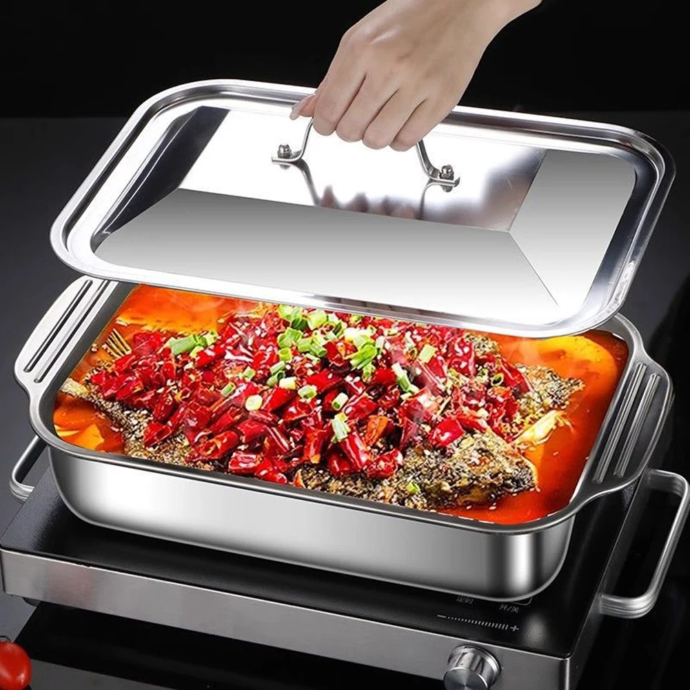 Stainless Steel Lasagna Pan 46x28x7.8cm with Dishwasher Safe Design and Nestable Structure for Space Saving Storage