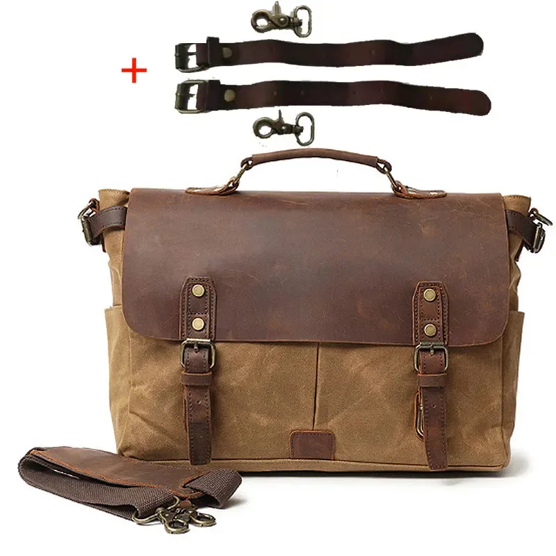 

Vintage Men's Canvas Crazy Horse Leather Shoulder Messenger Bag for men Computer Bag Knight Motorcycle Bag