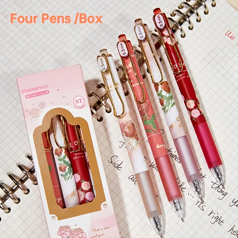 

4 Pcs/Box Rose Pattern Gel Pens 0.5mm Fine Point Retractable Ballpoint Pens Cute Floral Writing Pens for School Office