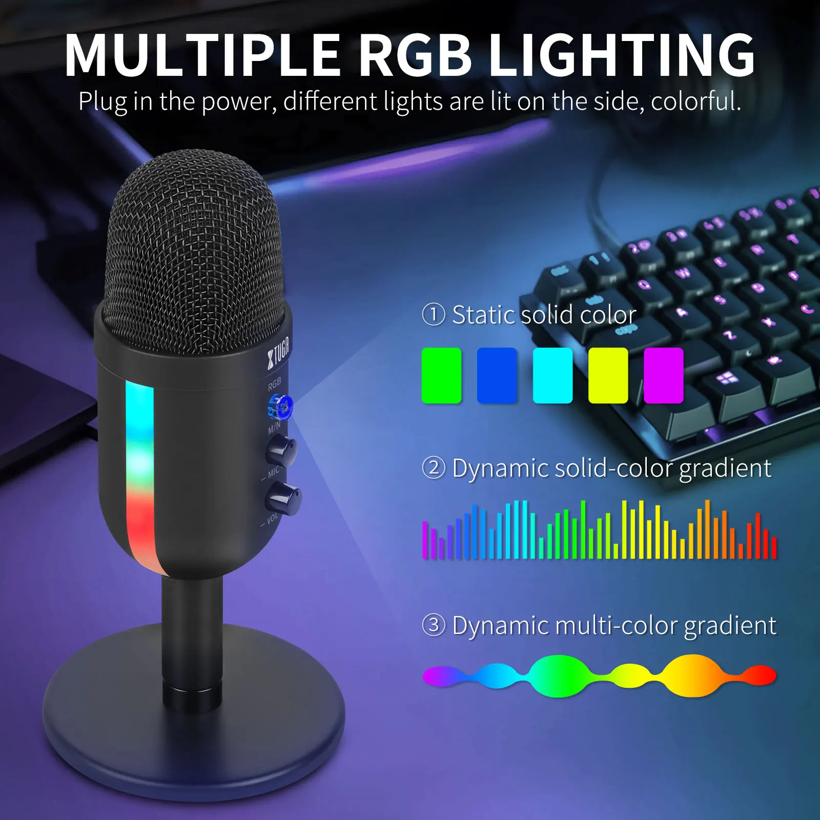 Microfono a condensatore USB XTUGA per lo Streaming di registrazione del Computer con uscita per cuffie da 3.5mm e illuminazione RGB