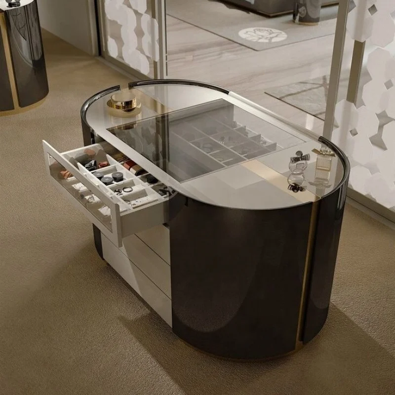 custom.Custom Elliptic Type Walk-in Closet Island Chest of Drawer with Glass and Quartz Top Modern Jewelry Storage Layer Island