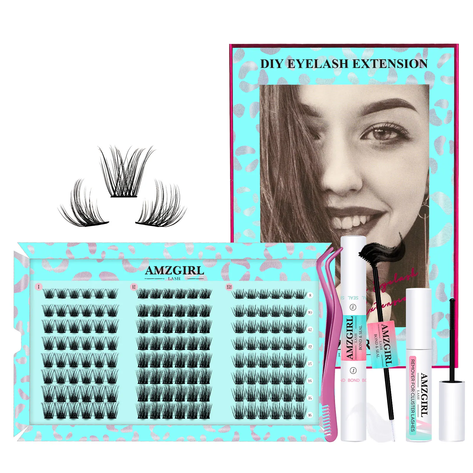 Amzgirl Lash 144 Stuks Diy Wimpers Verlengclusters Lash Kit Met Binding En Afdichting Remover Pincet 3 Stijlen C Curl 8-16mix Wimpers Asa