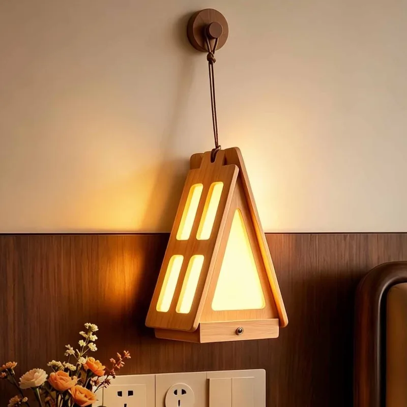 Wood Portable Night Light Hanging Wooden House Rechargeable Lamp Wall-mounted Room Decoration Mood Light Decor Bedside Lamps