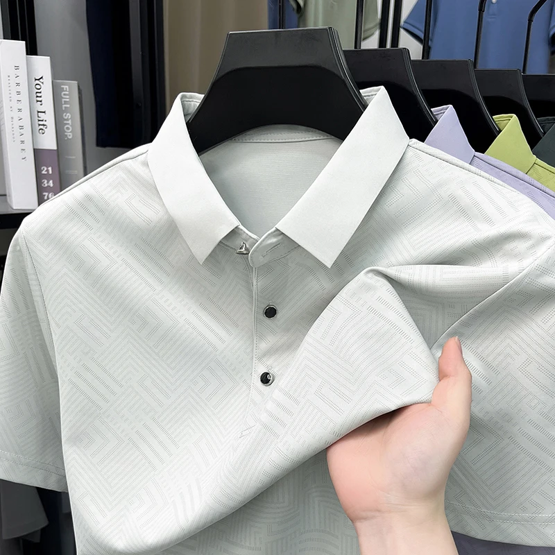TFETTERS 2026 Summer Men's Collared Polo Shirt Invisible Labyrinth Jacquard Anti‑Crease Senior Dad Workplace Business Outfit