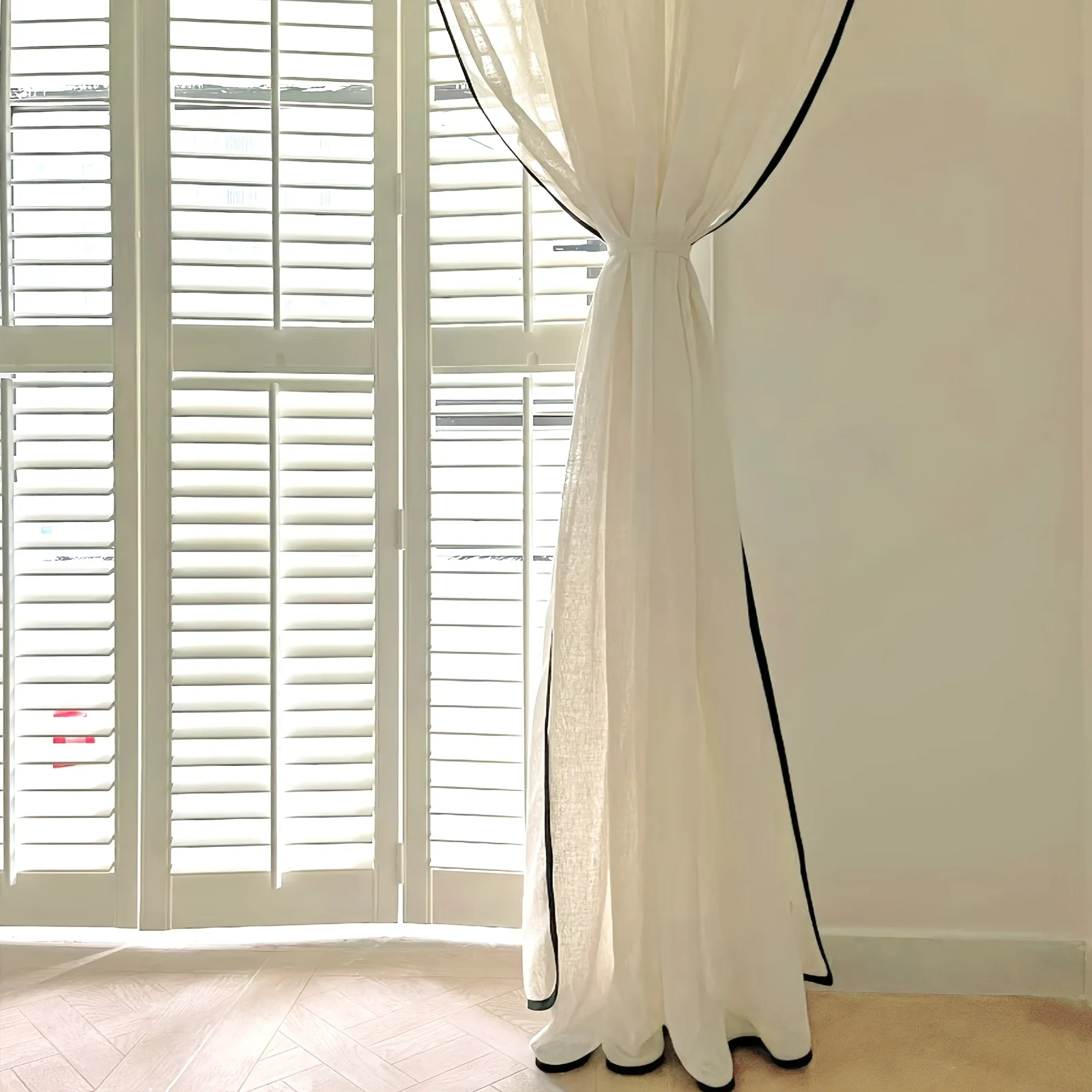 1pc French Plain Linen Sheer Curtain, Edge, Semi-Transparent, Modern Minimalist Living Room Bedroom Window Drapery, Rod-Pass Thr