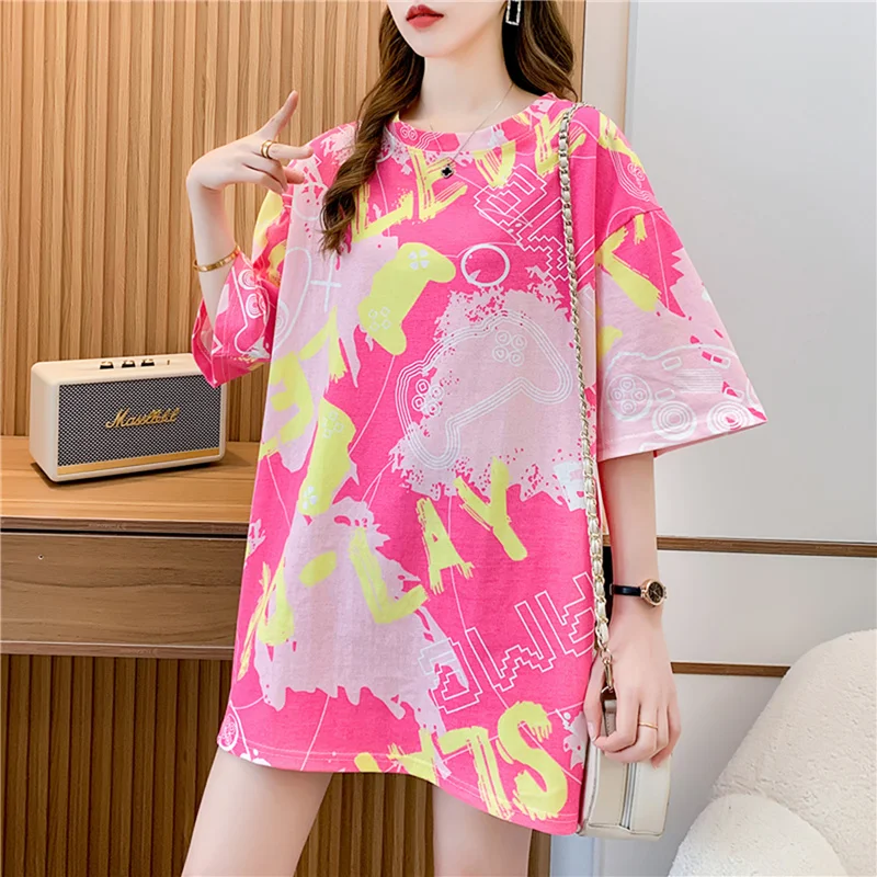 Loose Women\'s T-Shirt Short Sleeve Mid-Length plus Size 2024 New Summer Fashion Design Korean Style round Neck Polyester Blend