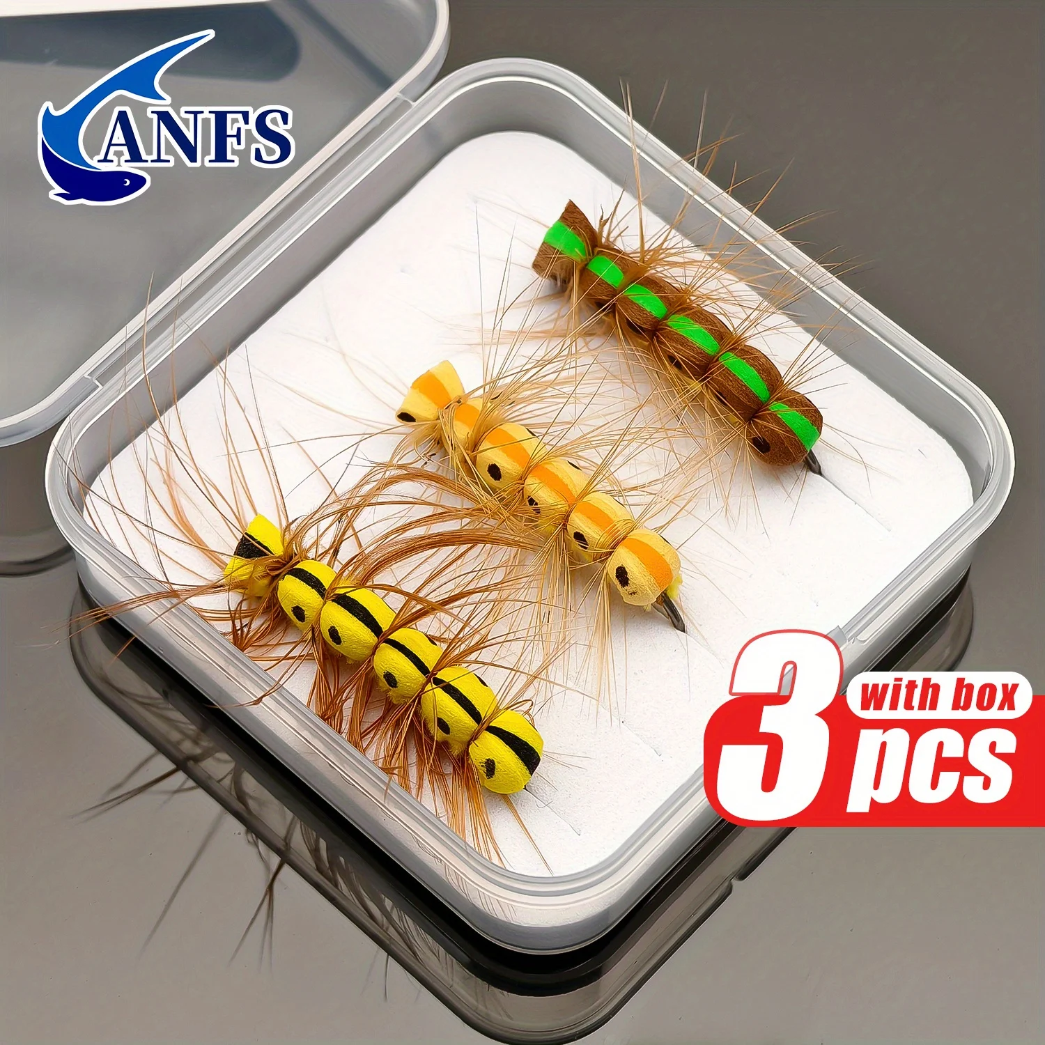 ANFS 3 piezas de cebos de pesca con mosca seca hechos a mano, colores mezclados con caja, regalo increíble para pescador