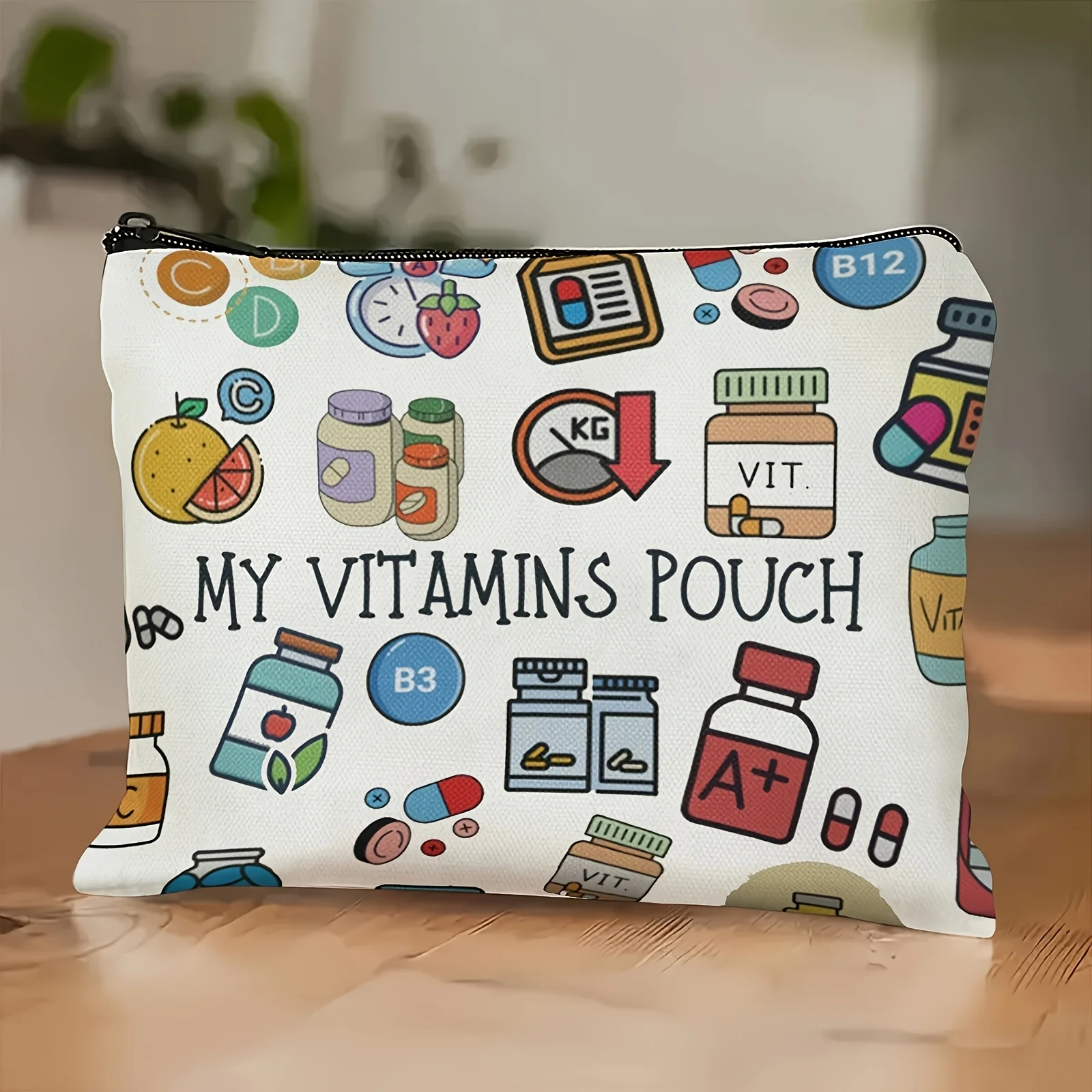 My Vitamin White Zipper Bag, Fun Pattern, Vitamin and Supplement Storage Bag, Perfect for Home, Gym or Fitness, Perfect for Family, Girlfriend and Friends