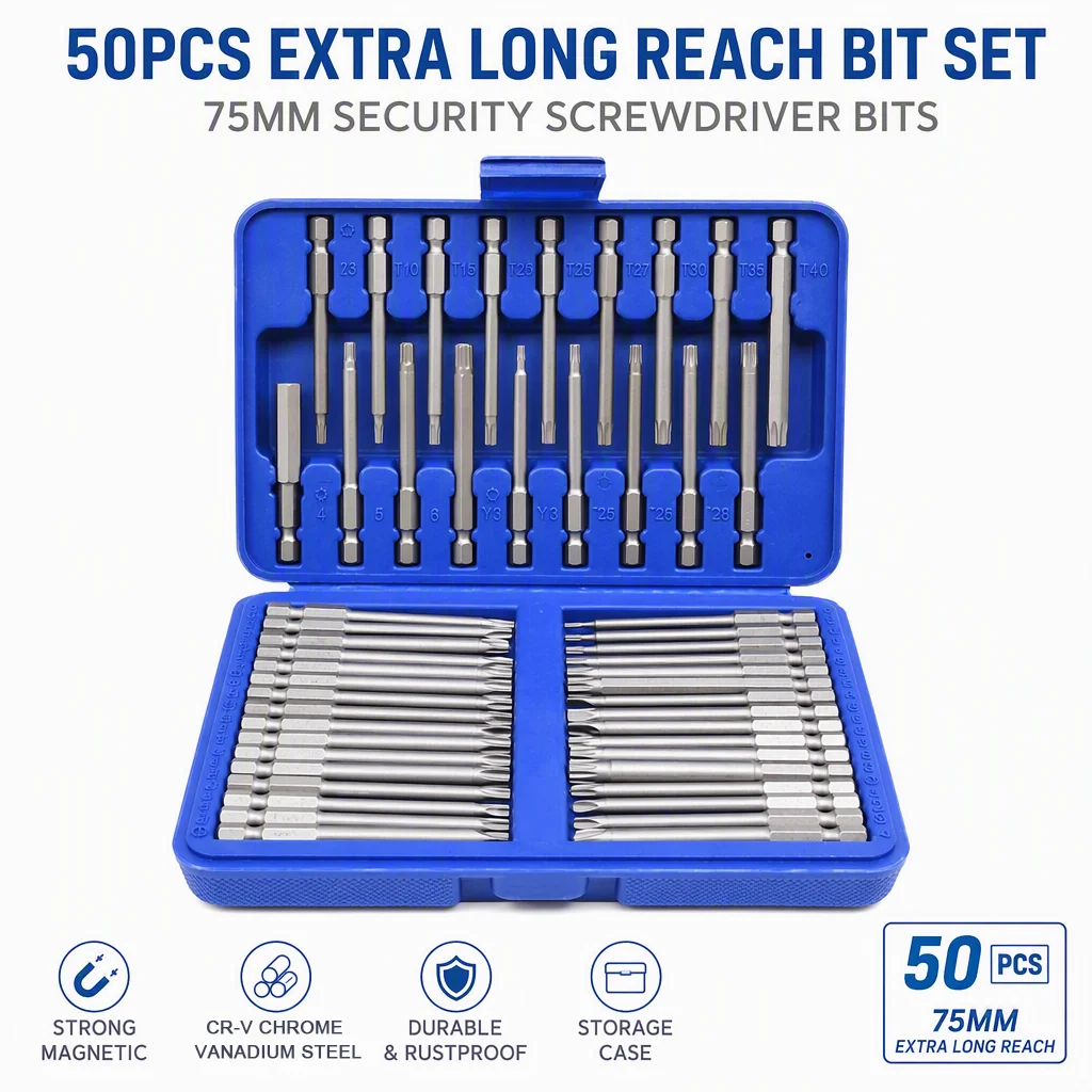 50-teiliges 75-mm-Sicherheits-Schraubendreher-Bit-Set mit extra langer Reichweite, magnetische Torx-, Stern-, Sechskant-, Schlitz- und Y-U-Typ-Bits mit Hartschalen-Aufbewahrungskoffer