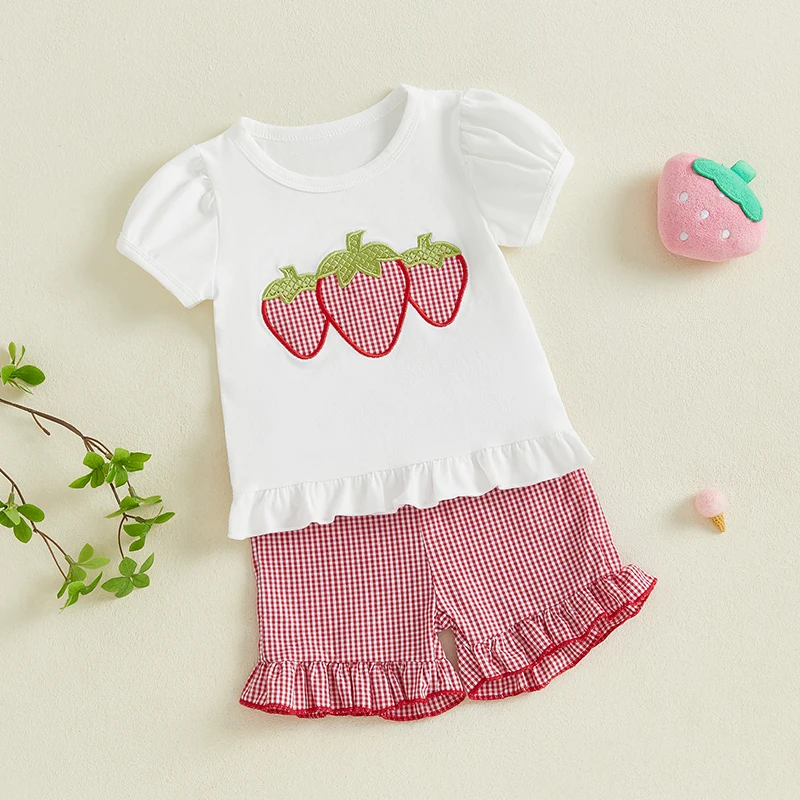 Toddler Girl Watermelon Outfit Fruit Embroidery Sleeveless Ruffle Tops Gingham Ruffle Shorts 2 Piece Summer Set for Baby