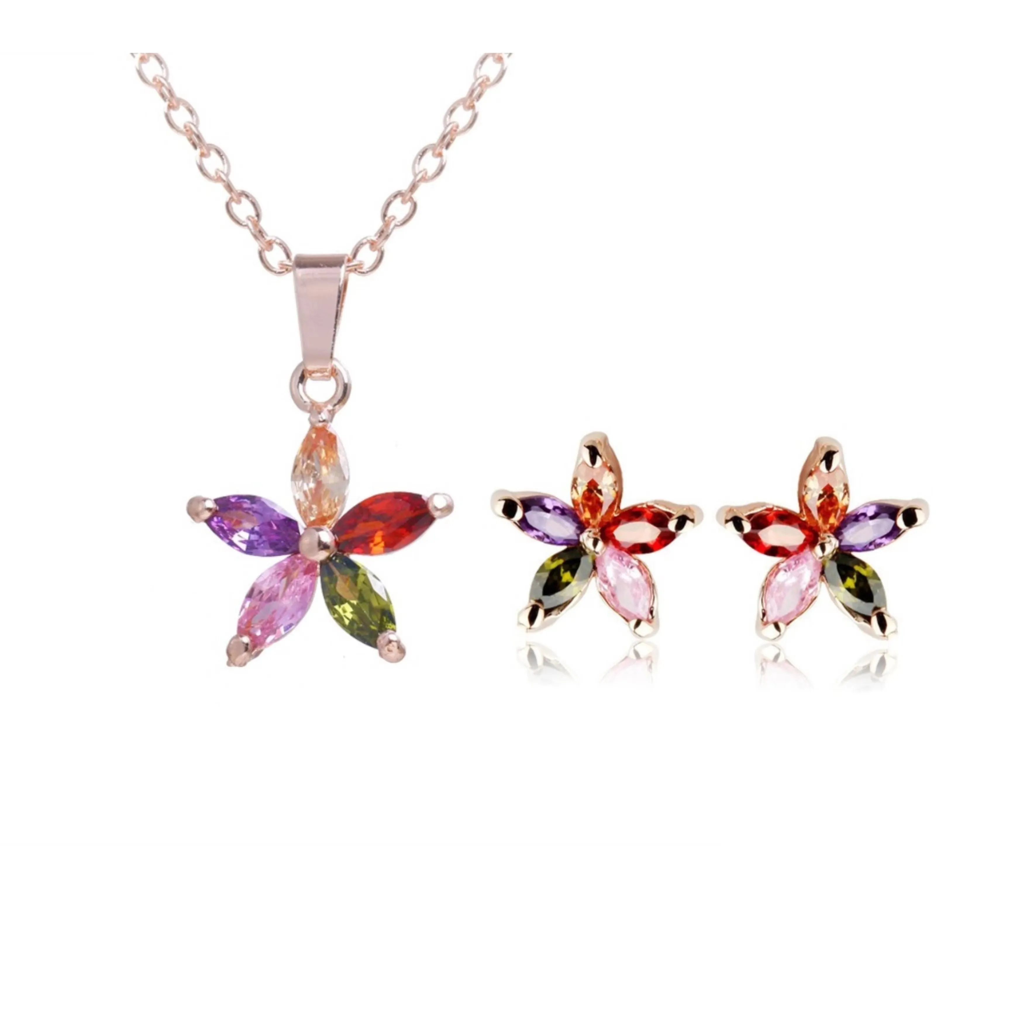 GMGYQ Classic Fashion Charming Rose Gold Color 5-Petal Flower Colorful Zirconia Sets for Lovely Girls Sweety Jewelry Gift