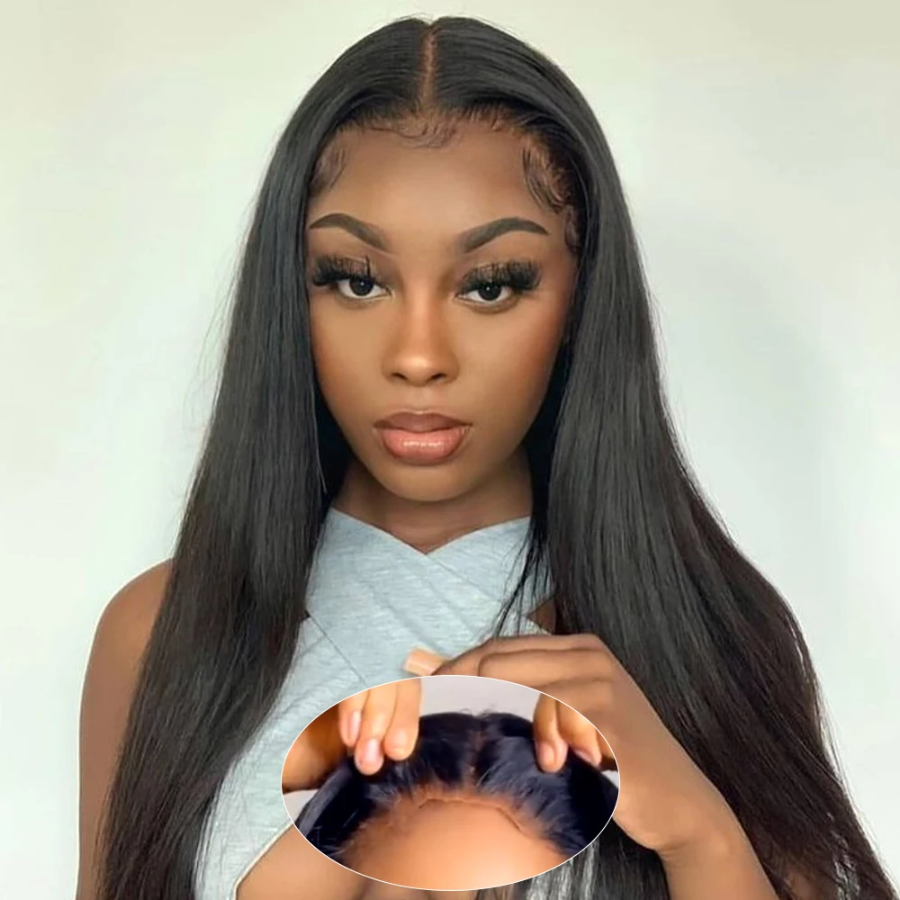 

30 Inch Glueless Wigs Bone Straight Wear and Go Pre Plucked Pre Cut Human Hair Ready to Wear Lace Front Wigs Black Closure Wigs