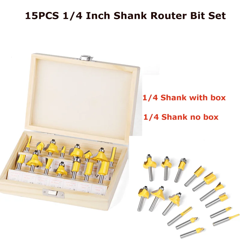 

1/4" Shank 15pcs Woodworking Router Bit Set with box Wood Trimming Straight Milling Engraving Router Cutter Wood Working Tools