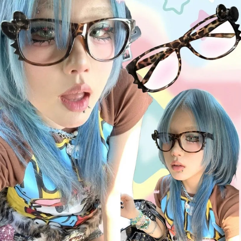 Y2k leopardo impressão arco óculos meninas quentes moda vintage dos desenhos animados anime grande quadro oval óculos feminino sem lentes