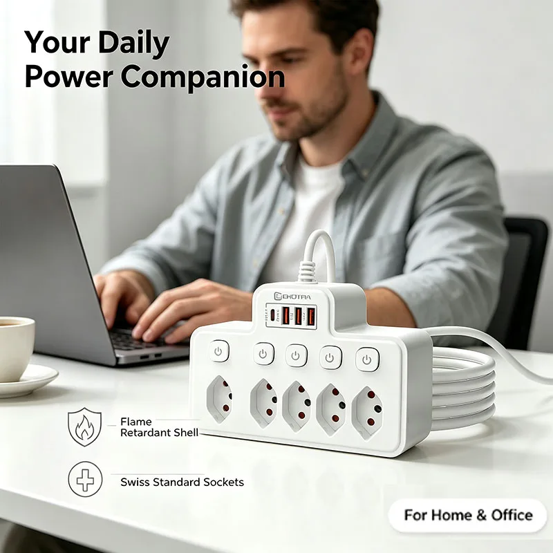Swiss Power Strip 5 AC Outlets Independent Switch 3 USB‑A + Type‑C Charging Port 1.8M Cable 2500W 10A CH Swiss Type‑J Standard