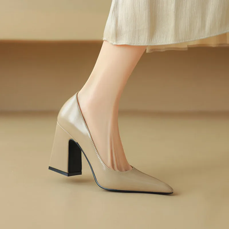 Women Leather Mary Jane Block Heel Pumps Pointed Toe Pigskin Lining Sheepskin Insole 8.5CM Heel TPR Sole Academic Commuter F166