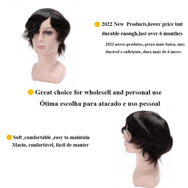 Rambut Palsu Pria 0.08Mm V-loop Tanpa Simpul Pu Wig Tahan Lama untuk Pria 100% Unit Sistem Rambut Manusia Prostesis Kapiler