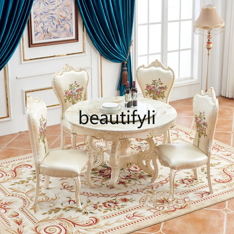 Q132 Style Round Solid Wood Dining Table and Chairs with Marble Turntable, Premium American Style Round Table for Home Use