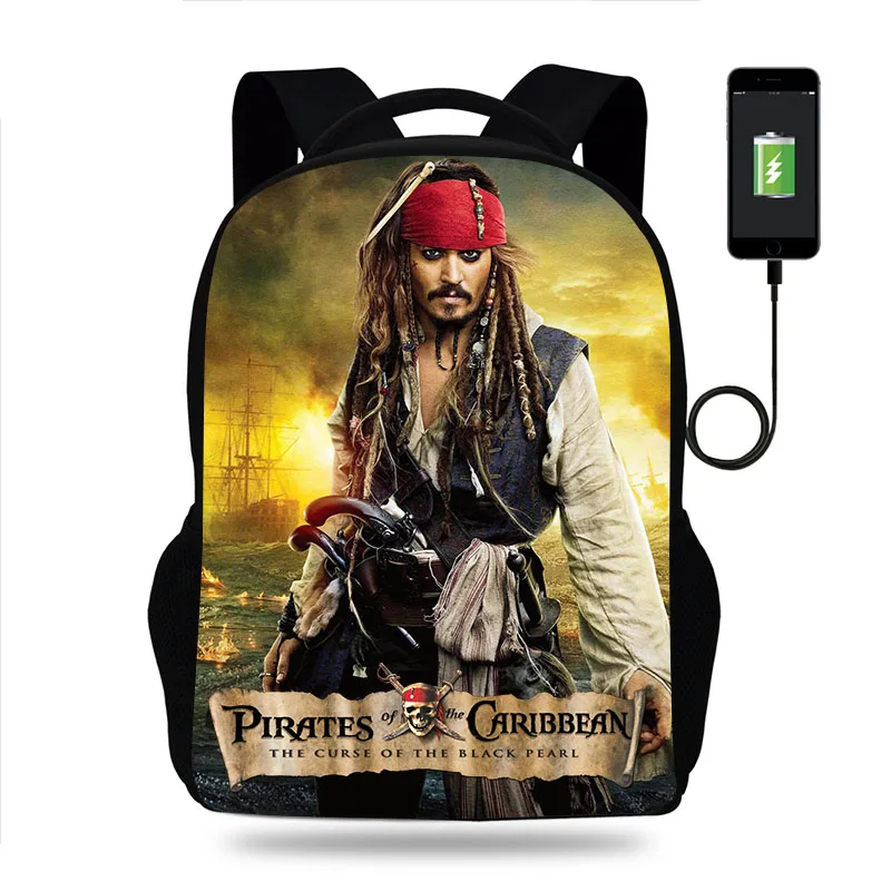 

Disney Pirates Of The Caribbean Backpack Boys Girls School Bag Teenager Book Bags Men Women Rucksack USB Travel Knapsack Mochila