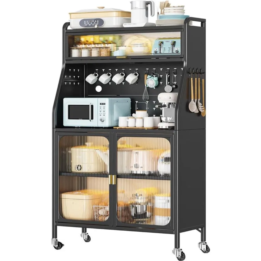 Bakers Rack with Storage Kitchen Storage Hutch Cabinet with Doors and Wheels Freestanding Microwave Stand with Adjustable Shelf