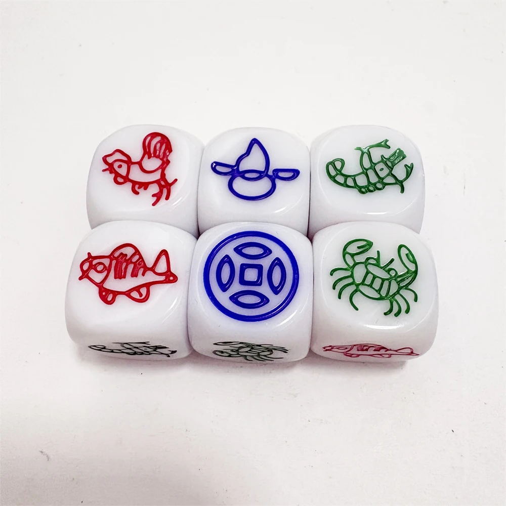 

50 Pcs/lot 16mm Acrylic Pattern Dice Puzzle Game D6 Dice Copper/gourd /chicken /fish /shrimp Funny Game Accessory
